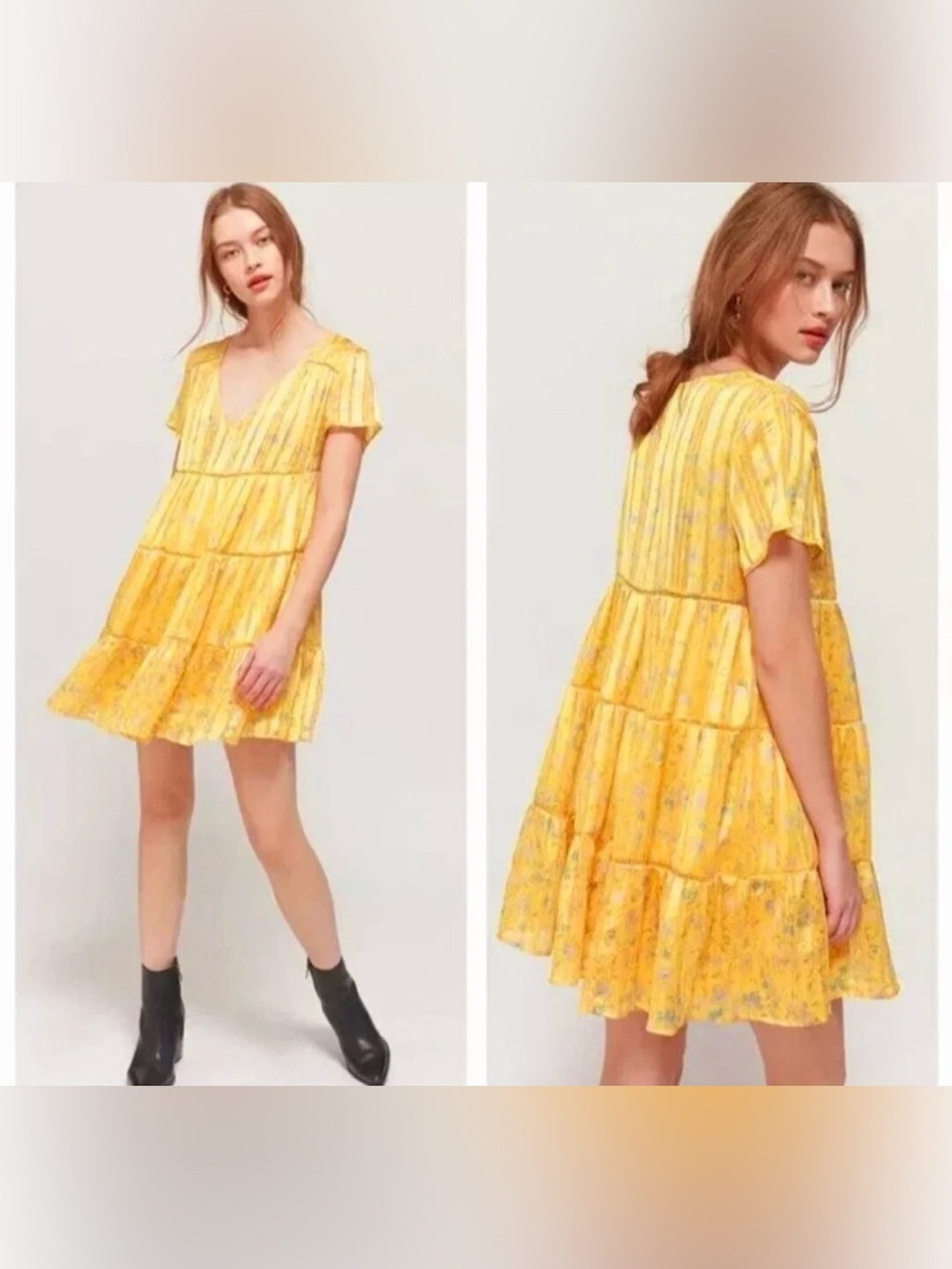 NWT Urban Outfitters Boho Baby Doll Floral Sheer Short Sleeve Yellow Gold Mini